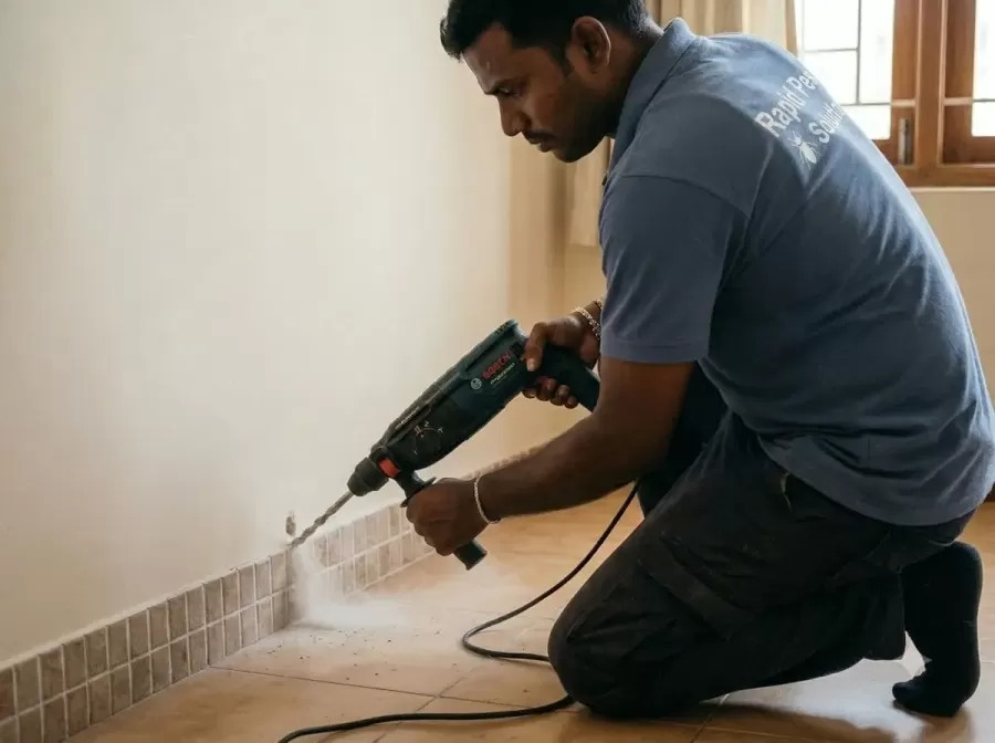 Termite treatment Hyderabad technician drilling the wall skirting for treatment
