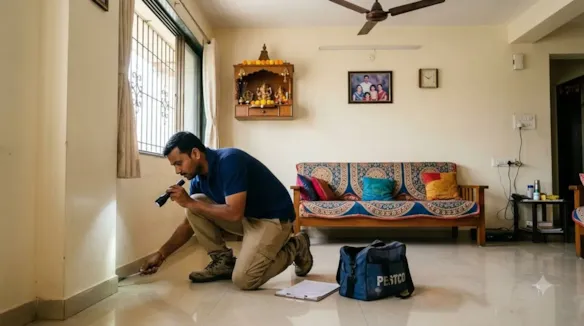 Pest control Hyderabad technician inspecting an interior wall in a home