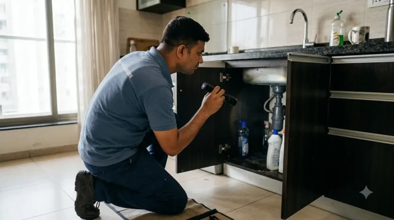 Cockroach control Hyderabad technician inspecting kitchen for cockroach infestation