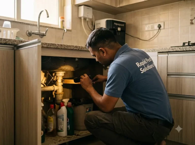Cockroach treatment Hyderabad technician inspecting under kitchen sink for roach activity