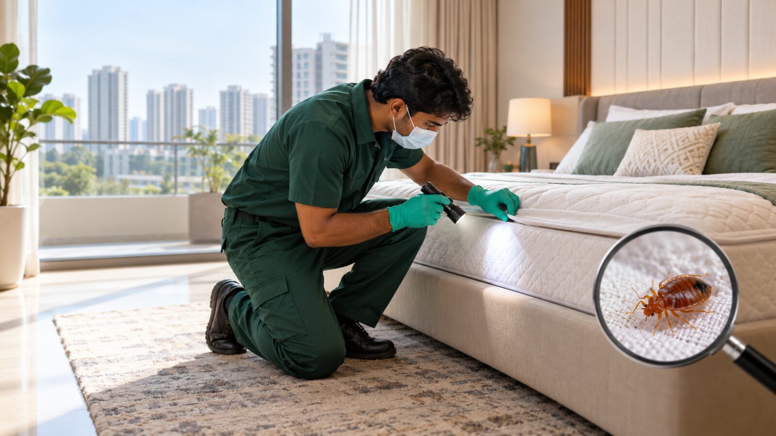 Bed bug treatment Hyderabad technician checking a mattress seam for bed bugs